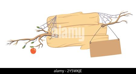 Wooden sign. Cartoon village banner, road wayfinding board, direction signs, information tablet. Vector illustration. Stock Vector