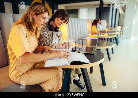 Two students focused on exam preparation, studying together with books and a laptop in a contemporary learning environment, enhancing their collaborat Stock Photo