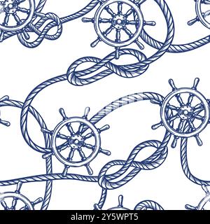 Nautical vintage seamless pattern with blue ships wheel and node rope. Vector hand drawn sketch illustration. Marine travel background. Fashion textil Stock Vector
