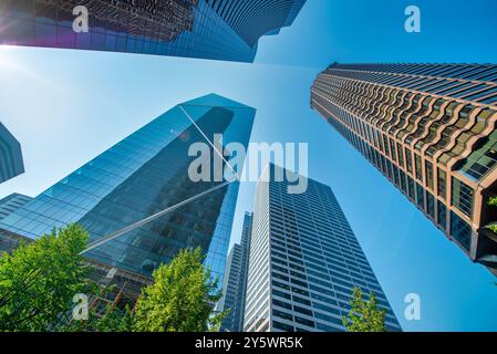 Seattle, WA - August 8, 2017: Bottom up view of Downtown Seattle skyscrapers. Stock Photo