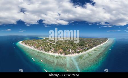 Amazing aerial view of Gili Air coastline on a sunny day, Indonesia. Stock Photo