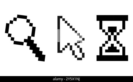Pixel cursor 8 bit set, search, hourglass and point retro interface. Windows mouse pointer. Sand clock, lupe. . Vector illustration Stock Vector