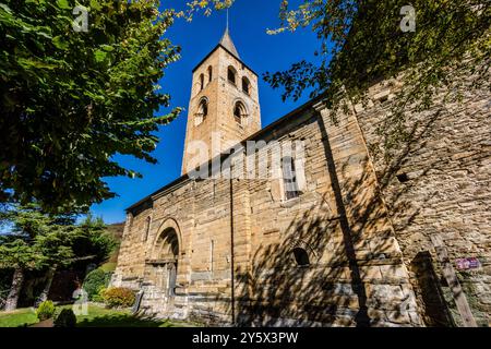 Gothic-style bell tower, around the 14th century, Romanesque church of Sant Felix de Vilac, 12th century,  , Vilac , municipality of Vielha e Mijaran Stock Photo