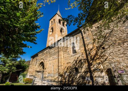 Gothic-style bell tower, around the 14th century, Romanesque church of Sant Felix de Vilac, 12th century,  , Vilac , municipality of Vielha e Mijaran Stock Photo