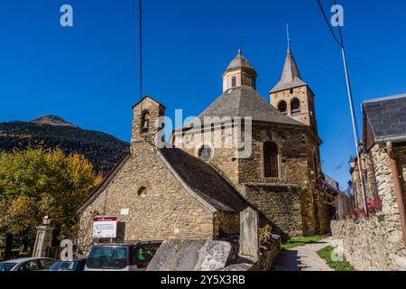 Gothic-style bell tower, around the 14th century, Romanesque church of Sant Felix de Vilac, 12th century,  , Vilac , municipality of Vielha e Mijaran Stock Photo