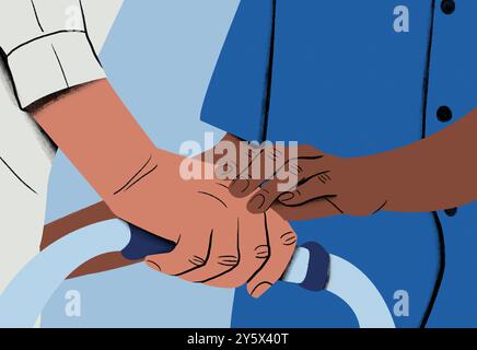 Close-up illustration of a handshake between two people dressed in business attire. Stock Photo