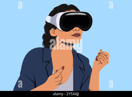 Woman with virtual reality headset gesturing with her hand. Stock Photo