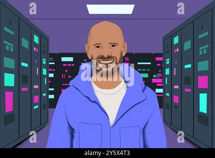 Smiling man in a blue jacket standing in a data center with server racks illuminated by multicolored lights. Stock Photo