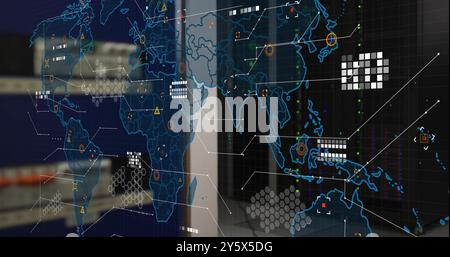 World map with data points and network connections image over office background Stock Photo