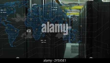 Global network connections and data processing image over server racks in data center Stock Photo