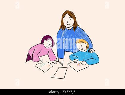 Hand-drawn illustration of a smiling adult and two children engaged in drawing activities with papers and crayons on a table. Stock Photo