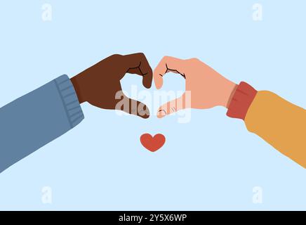 Two hands making a heart shape against a blue background with a small heart in the center. Stock Photo