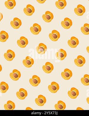 Seamless pattern of painted apricots on a light beige background. Stock Photo