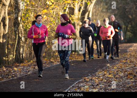 Group of adults jogging together on a leaf-strewn path in an autumn setting. Stock Photo