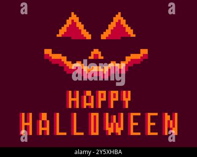 Happy Halloween scary pumpkin face pixel art style. Jack-o-lantern. Carved pumpkin face in 8-bit retro graphic style of 80s games. Design for games, a Stock Vector