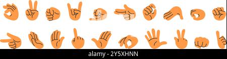Doodle hands gestures. Hand signs for pointing finger, holding, pinch, punching fist and waving hand gesture. Minimal vector illustration set Stock Vector