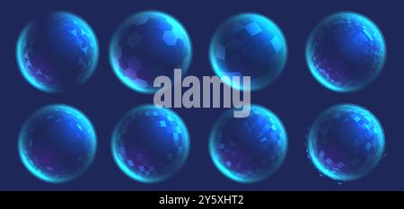 Wireframe sphere shields. Glowing digital bubble, secure 3D grid circle shield and holographic barrier spheres. Futuristic protection field isolated Stock Vector