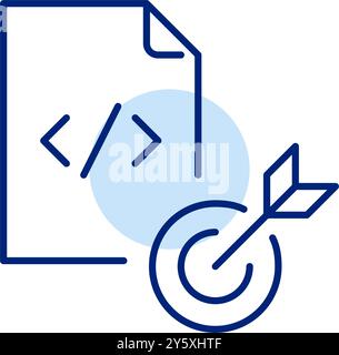 Html file and arrow hitting target. Targeted web development, focused web design. Using clear goals or user objectives. Pixel perfect, editable stroke Stock Vector