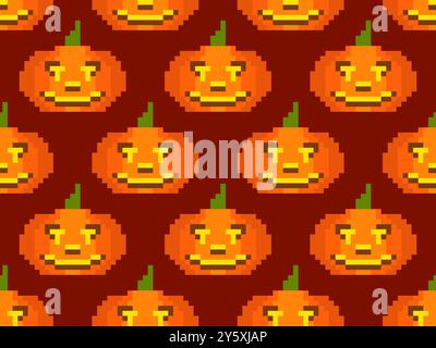Halloween pumpkins in pixel art style seamless pattern. 8-bit retro graphic pixel pumpkins with carved scary faces. Jack-o-lantern design for wallpape Stock Vector
