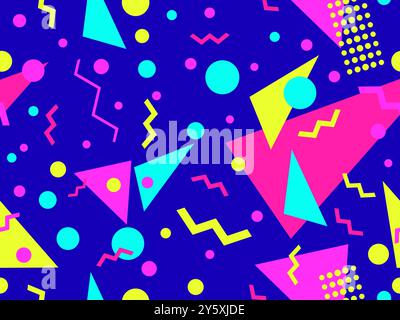 Geometric seamless pattern with elements of 80s memphis style. Geometric shapes circles, triangles and zigzags. Abstract design for print, wrappers, c Stock Vector