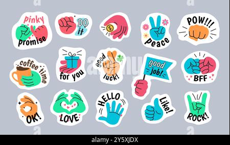 Comic hand gesture stickers. Pinky promise, crossed fingers and BFF brofist decals. Hands holding flag, gift, coffee and coin. Multicolored peace, ok Stock Vector