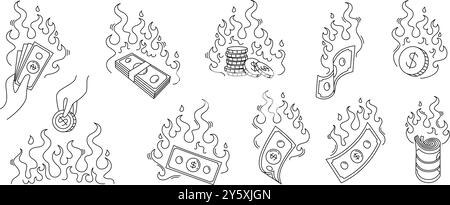 Burning money. Doodle cash loss, banknotes on fire, currency bills and coins in flames. Financial crisis and money loss concept hand drawn vector Stock Vector