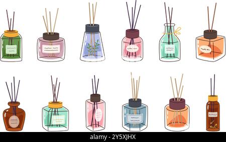 Perfume diffusers. Hand drawn fragrance essential oil bottles with reeds. Aromatherapy glass bottle with sticks, home decor perfumes isolated vector Stock Vector