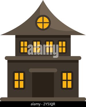 This illustration features a spooky two storey haunted house with glowing yellow windows, perfect for halloween themed designs Stock Vector