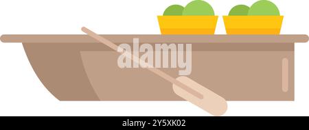 Simple flat color vector icon illustration of a wooden boat carrying two pots of plants, isolated on a white background Stock Vector