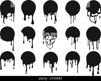 Melted circle. Paint drip splatter, melt stickers and liquid round frame background with dripping ink pattern. Graffiti blobs isolated vector Stock Vector