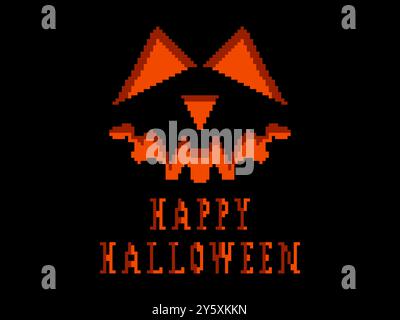 Happy Halloween scary pumpkin face pixel art style. Jack-o-lantern. Carved pumpkin face in 8-bit retro graphic style of 80s games. Design for games, a Stock Vector