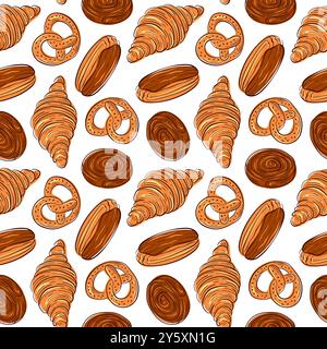 Seamless pattern with croissant, pretzel, eclair, cinnamon roll. Design for bakery, backgrounds packaging, and food projects. Cartoon style. Stock Vector
