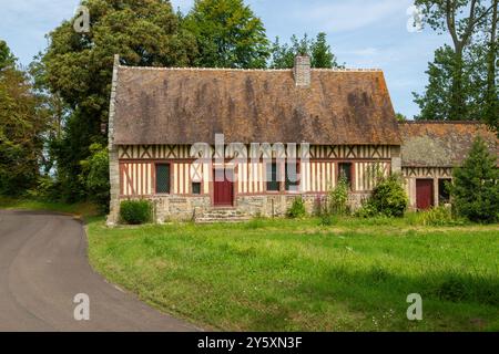 Traditional French farmhouse in the Normandy half-timbered Style,Auberville-la-Manuel, Normandy, France Stock Photo