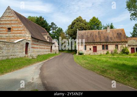 Traditional French farmhouse in the Normandy half-timbered Style,Auberville-la-Manuel, Normandy, France Stock Photo