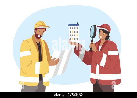 Builder and architect or engineer demonstrate teamwork by holding construction drawings Stock Vector