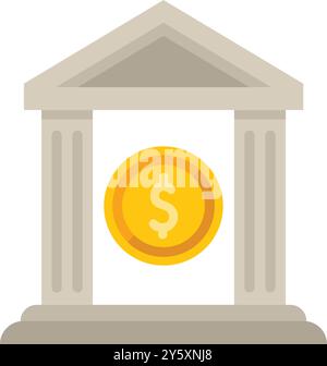 This vector illustration represents the concept of banking services with a bank building facade and a dollar coin Stock Vector