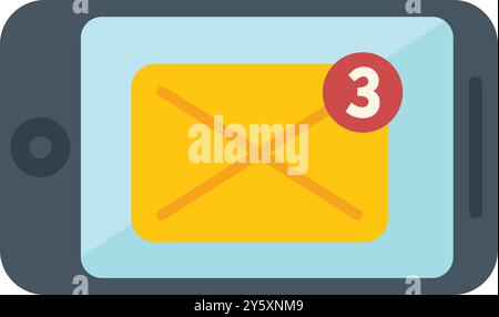 Smartphone is displaying a new email notification, indicating three unread messages Stock Vector