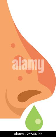 Cartoon human nose with snot dropping down, representing flu or allergy symptom Stock Vector