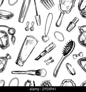 Seamless pattern with women's accessories, cosmetics, jewelry, hair clips and combs, perfumes, etc. Black and white vector graphics made by hand. Illu Stock Vector