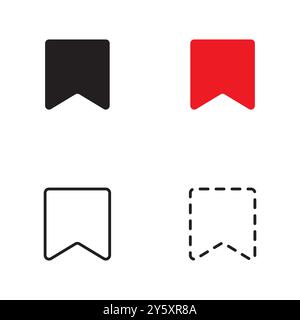 Bookmark icon. Black and red symbols. Outline and dashed styles. Vector set. Stock Vector