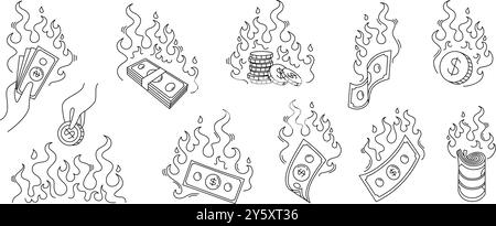 Burning money. Doodle cash loss, banknotes on fire, currency bills and coins in flames. Financial crisis and money loss concept hand drawn vector Stock Vector