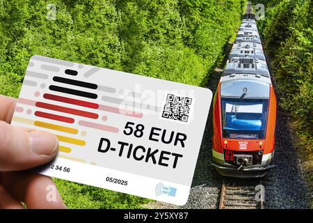 FOTOMONTAGE, Hand hält das Deutschlandticket D-Ticket mit dem Preis von ...