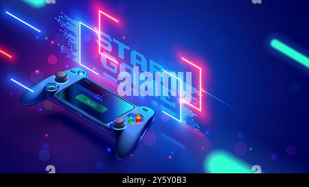 Abstract portable gaming console with banner Start Game. Mobile gaming console with screen, button play. Device of computer video games with screen, s Stock Vector