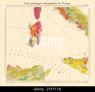 Geological map Corsica Sardinia Sicily Tunisia. Central Italy BEYSCHLAG 1896 Stock Photo