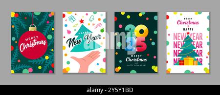 Merry Christmas and Happy New Year 2025 creative posters and greeting cards set. Modern greeting cards vector design with Xmas   ball, typography Stock Vector