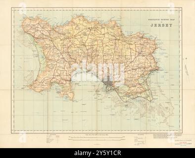 Ordnance Survey map of Jersey, Channel Islands 58x76cm 1914 old antique Stock Photo