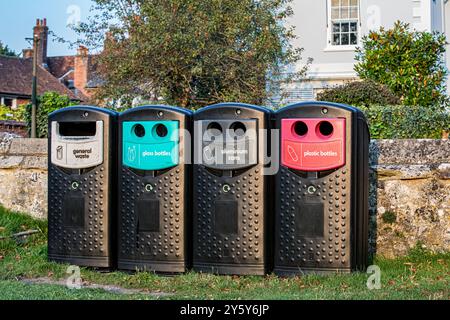 Recycling and general waste collection bins in a rural location. Credit John Rose/Alamy Stock Photo