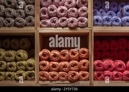 Colourful wool displayed in a shop Stock Photo