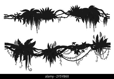 Tropical jungle forest liana branch silhouettes. Vector black vines and leaves of rainforest tree, climbing plant or creeper. Tropical floral borders set of jungle tree branches and vines silhouettes Stock Vector