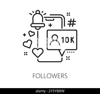Blogging line icon of social media followers for video content and vlogging, vector pictogram. Social media icon of blogger followers, subscriptions and hashtag post likes for digital monetization Stock Vector